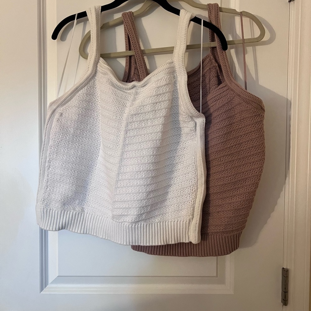 Joie Cream and Brown Ribbed Sleeveless Tank Tops